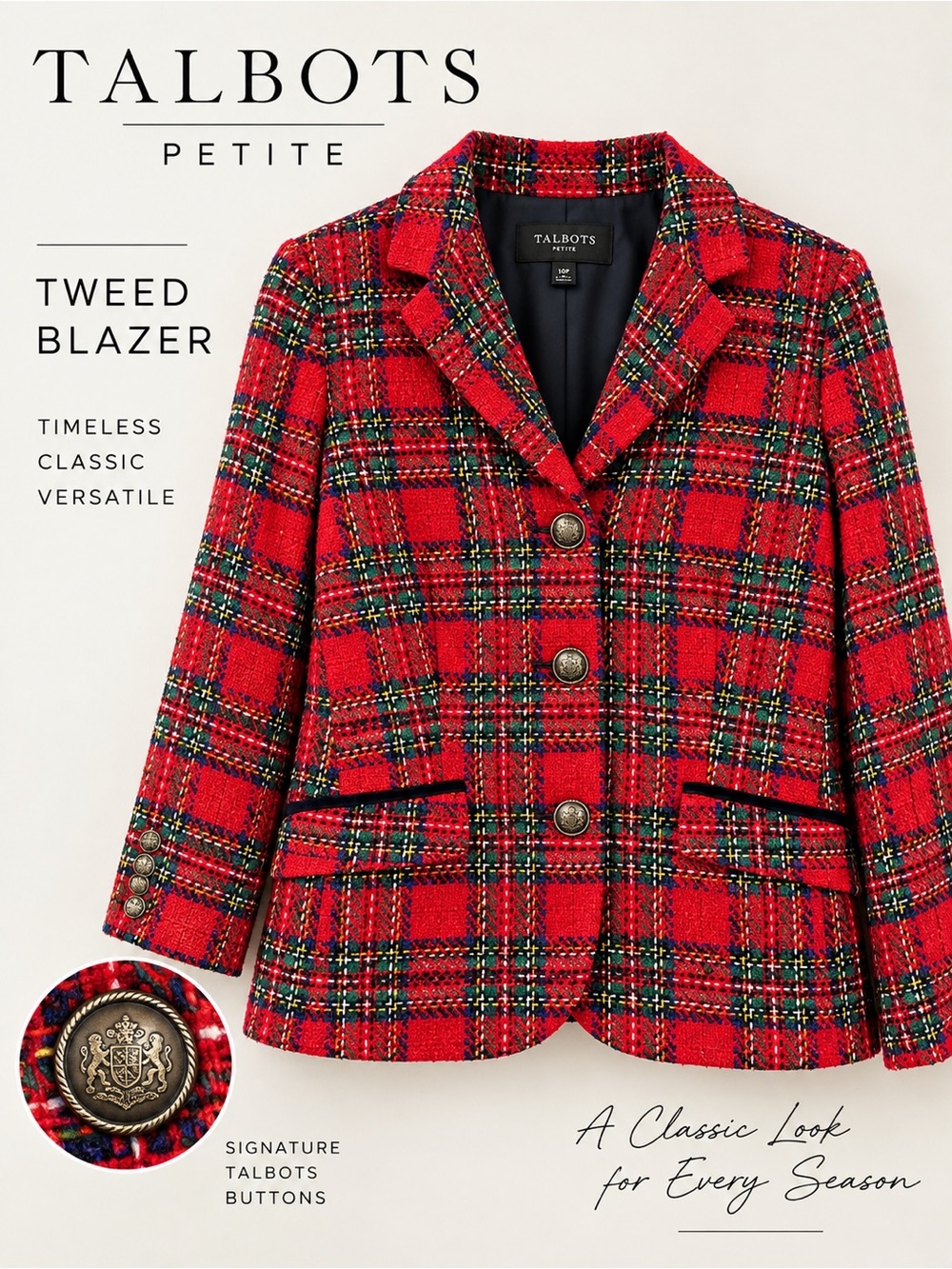 Talbots Petite Red Plaid Tweed Wool Blazer Jacket 10P Tartan Holiday